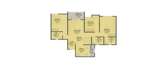 Kohinoor Shangrila Pimpri Chinchwad - Floor plan 3 BHK 870 Sq.ft