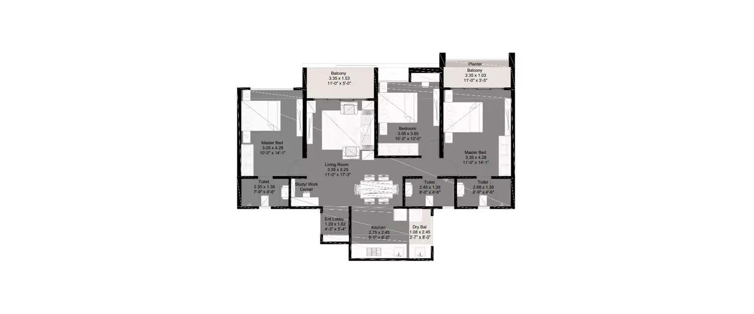 Floor plan for 3 BHK