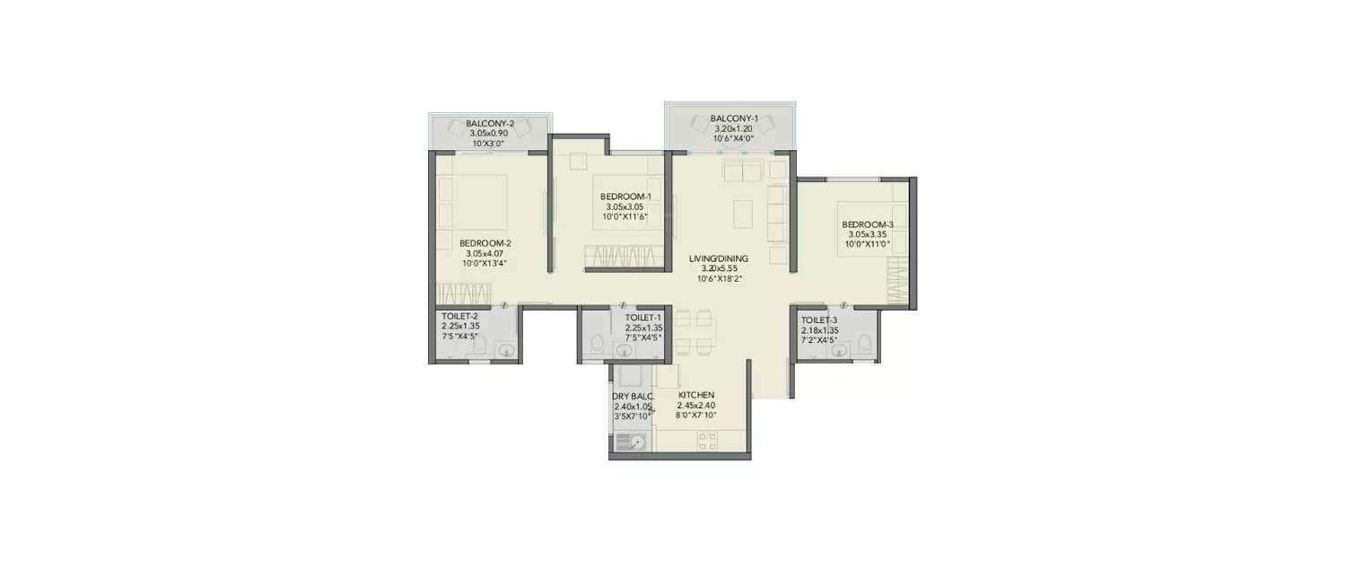 Floor plan for 3 BHK