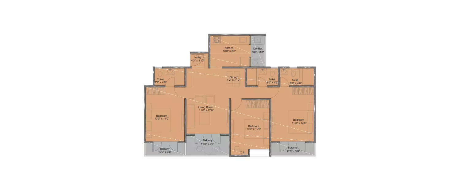 Floor plan for 3 BHK