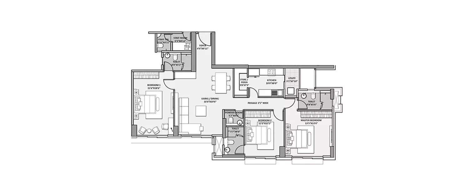 Floor plan for 3 BHK