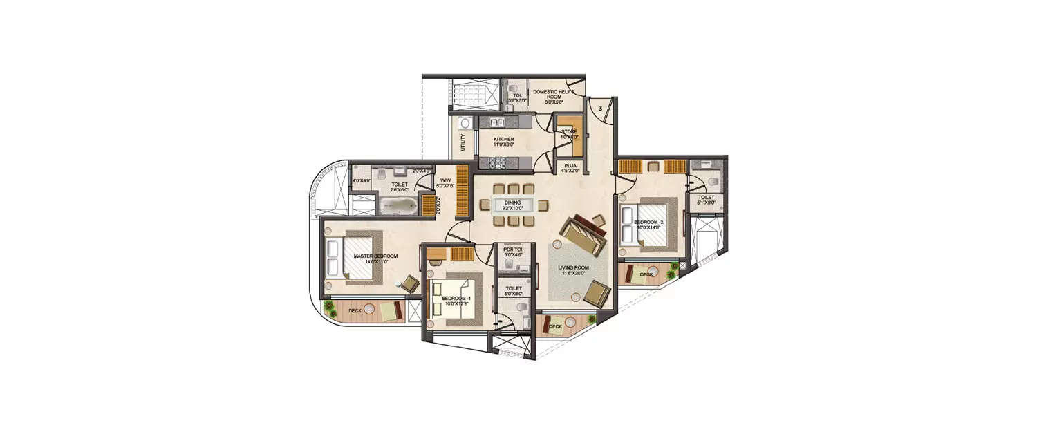 Floor plan for 3 BHK