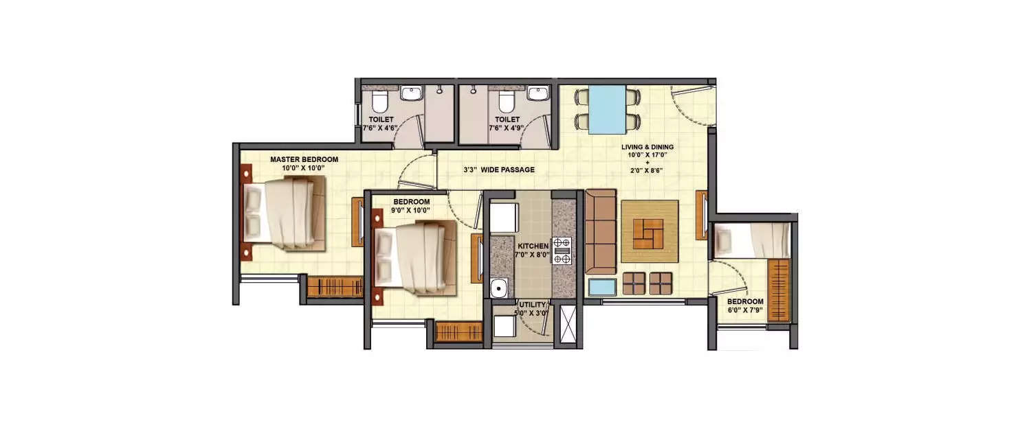 Floor plan for 3 BHK