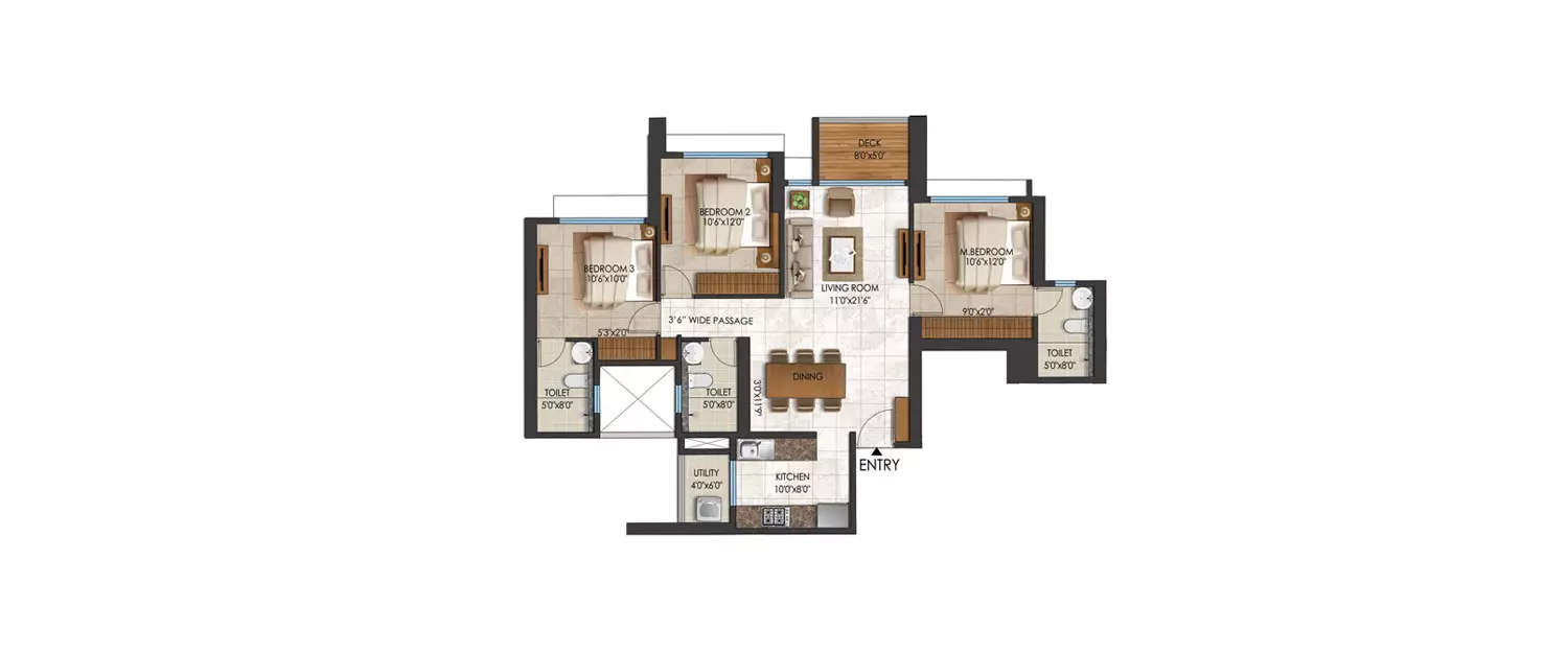 Floor plan for 3 BHK