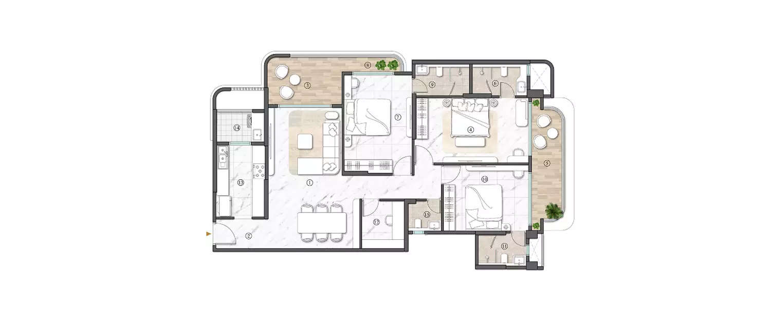 Floor plan for 3 BHK