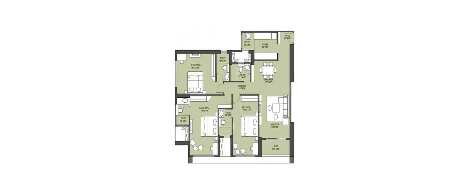 Floor plan for 3 BHK