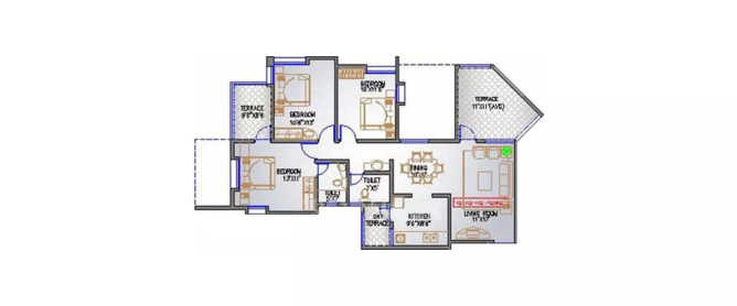 Runwal Seagull Hadapsar - Floor plan 3 BHK 1140 Sq.ft