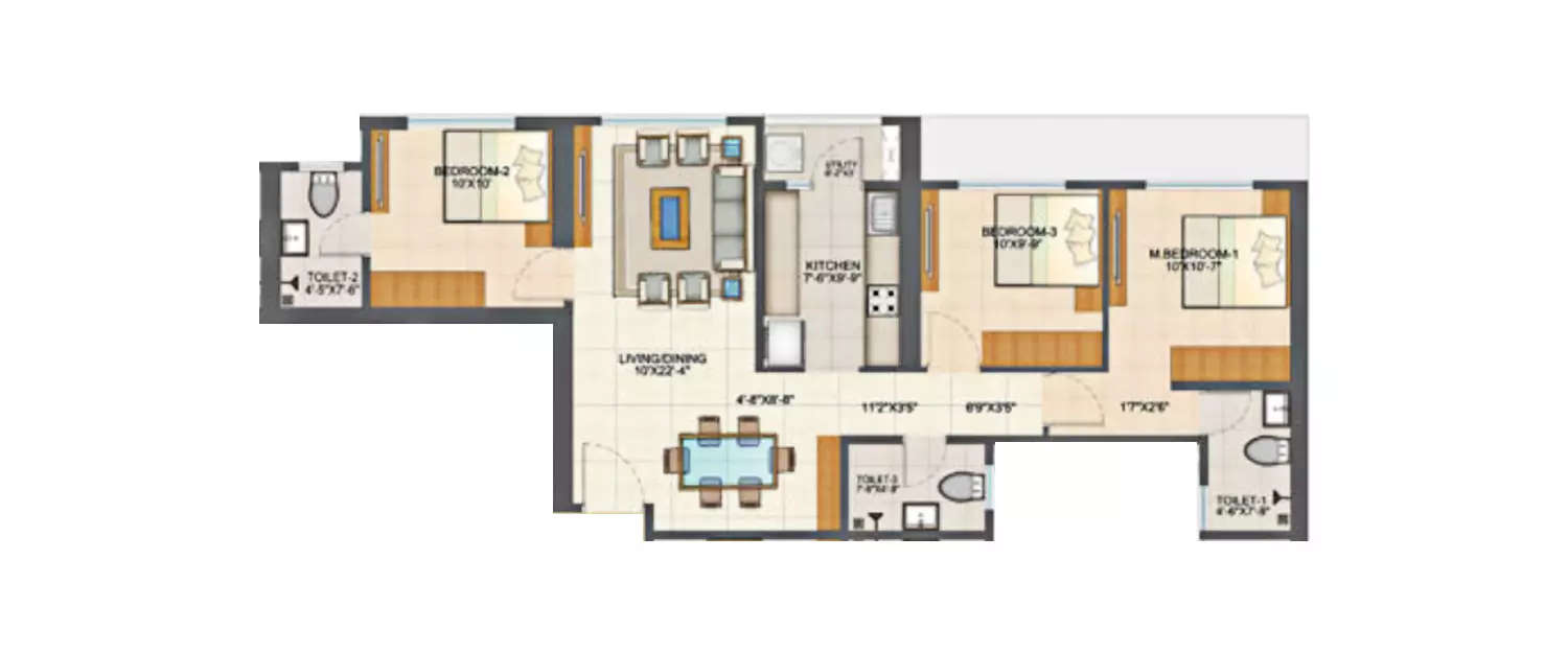 Floor plan for 3 BHK