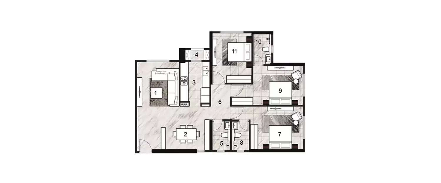 Floor plan for 3 BHK