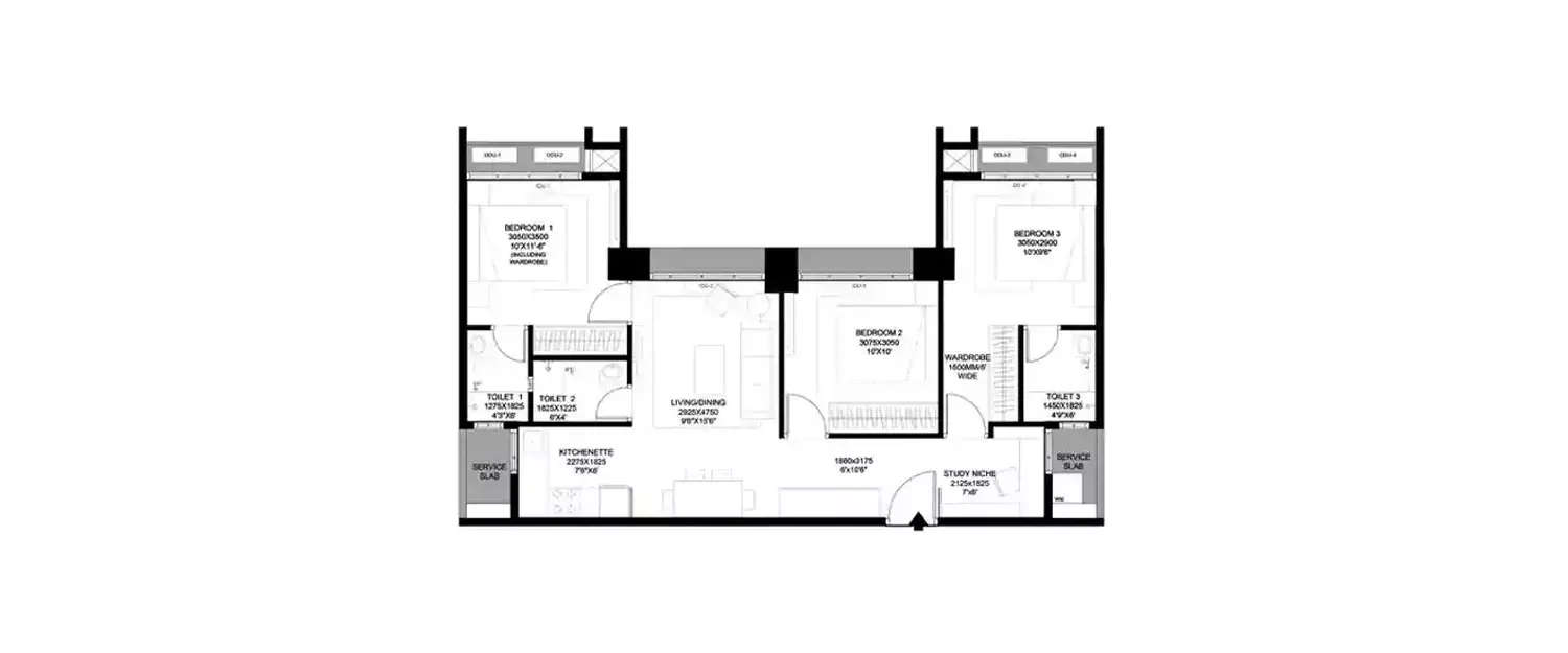 Floor plan for 3 BHK