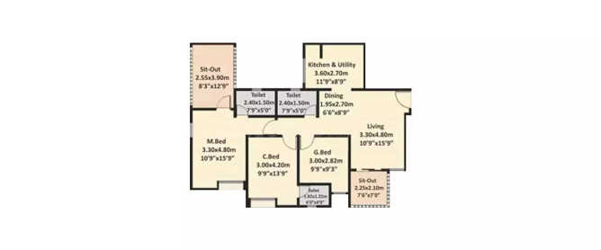 Nyati Equatorial Bavdhan - Floor plan 3 BHK 1443 Sq.ft