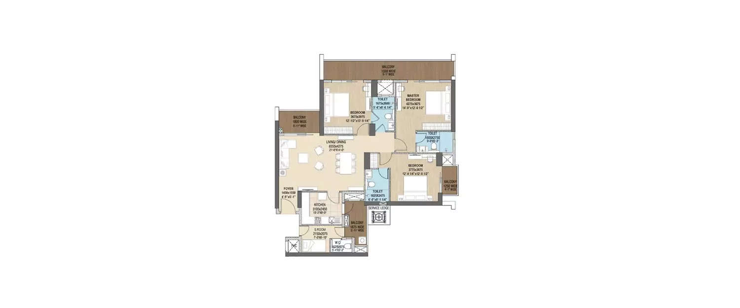 Floor plan for 3 BHK