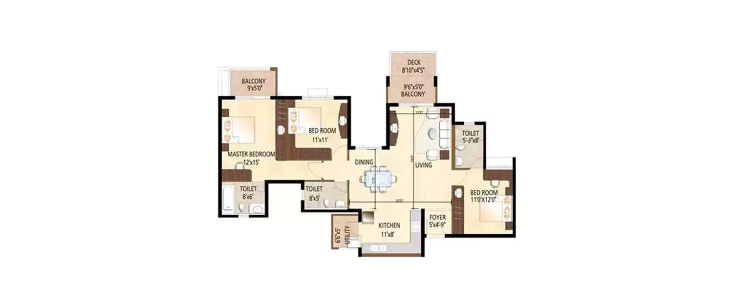 Floor plan for 3 BHK