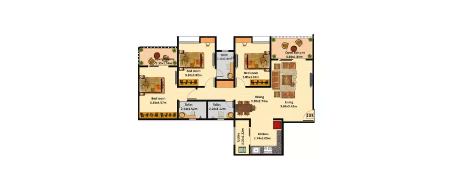 Floor plan for 3 BHK