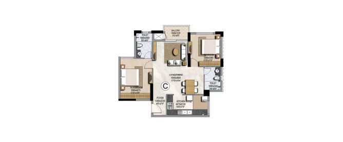 Prestige Misty Waters Hebbal - Floor plan 2 BHK 1140 Sq.ft