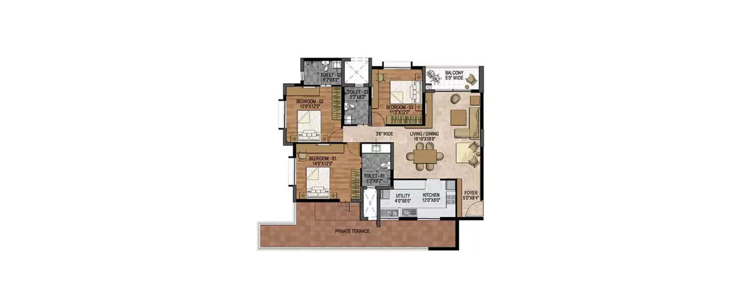 Floor plan for 3 BHK