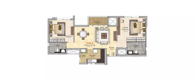 Prestige MSR Mathikere - Floor plan 2 BHK 786 Sq.ft