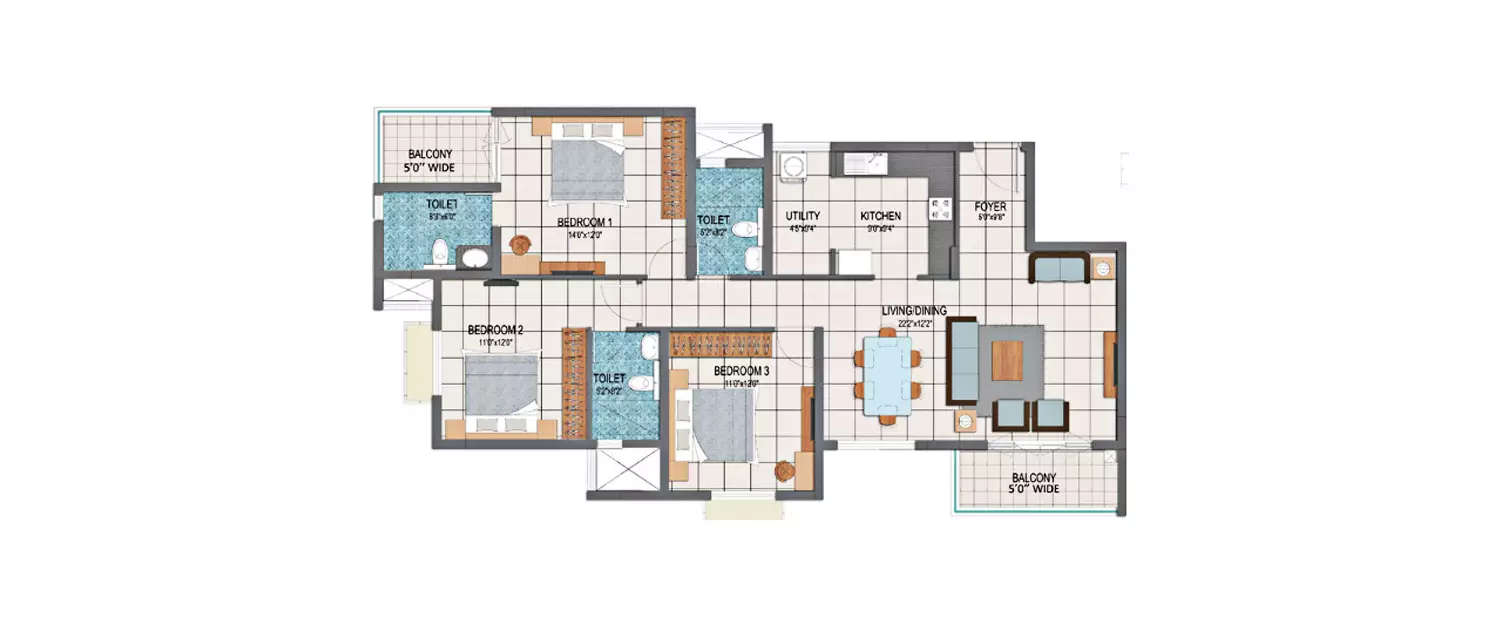 Floor plan for 3 BHK