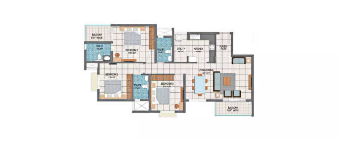 Prestige Dolce Vita Whitefield - Floor plan 3 BHK 1134 Sq.ft