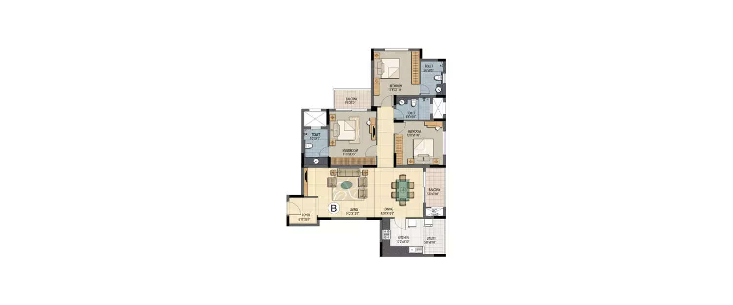 Floor plan for 3 BHK