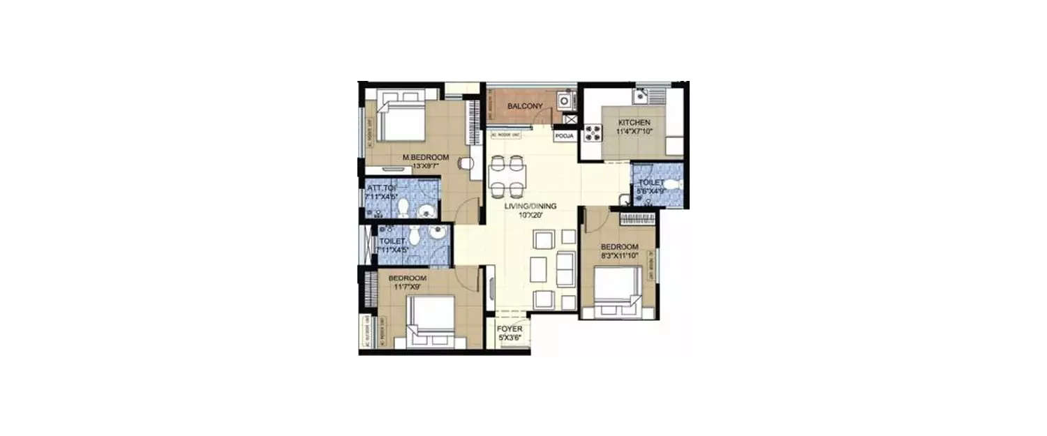 Floor plan for 3 BHK
