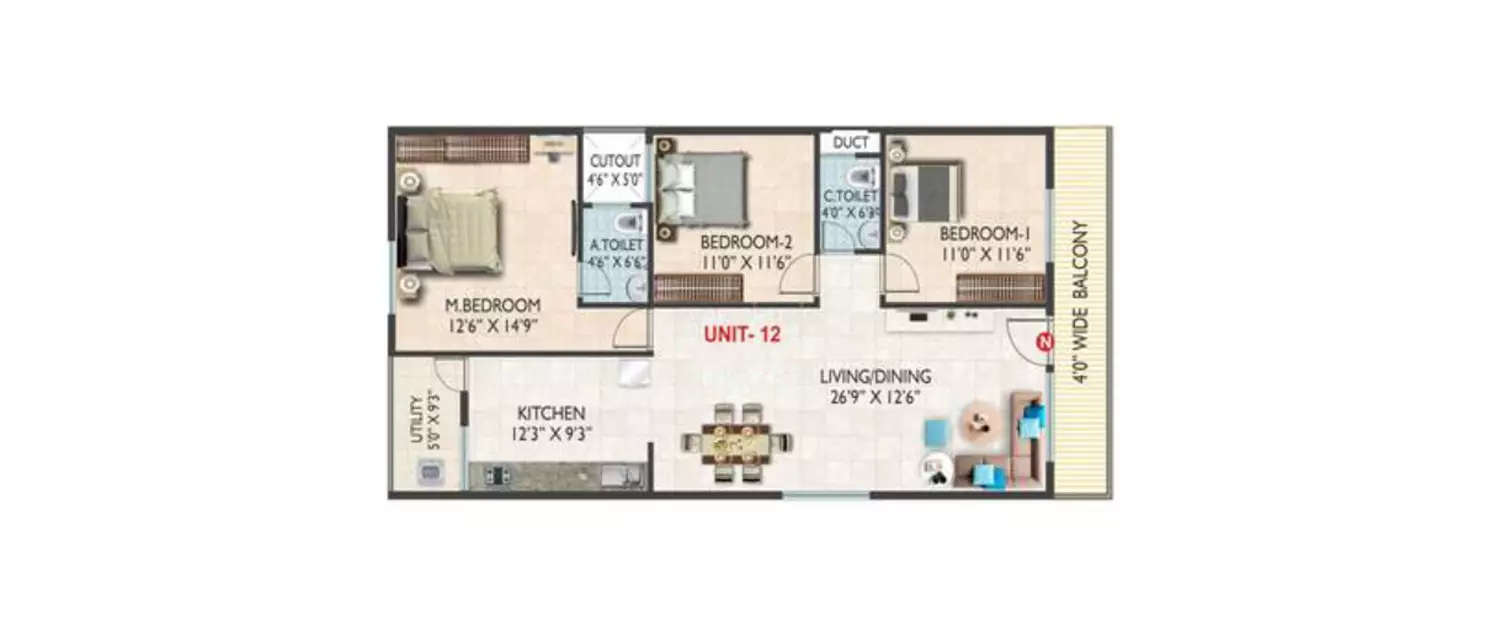 Floor plan for 3 BHK