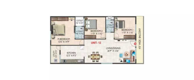 Ajmera Infinity Electronic City - Floor plan 3 BHK 1237 Sq.ft