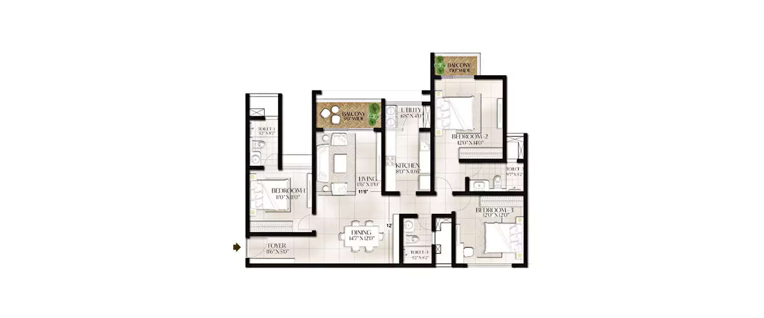 3 BHK Apartment 1125 Sq.ft