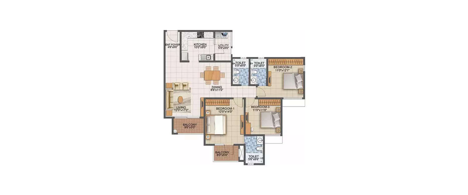 Floor plan for 3 BHK