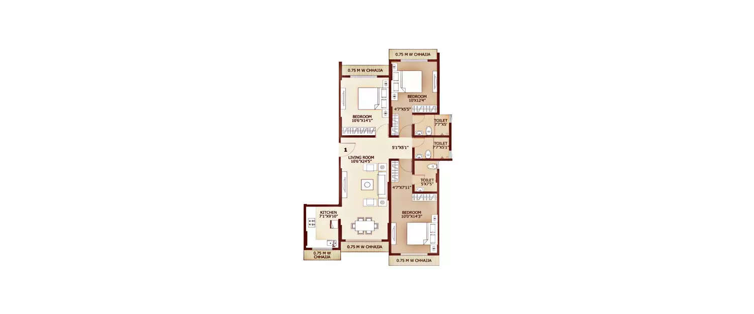 Floor plan for 3 BHK