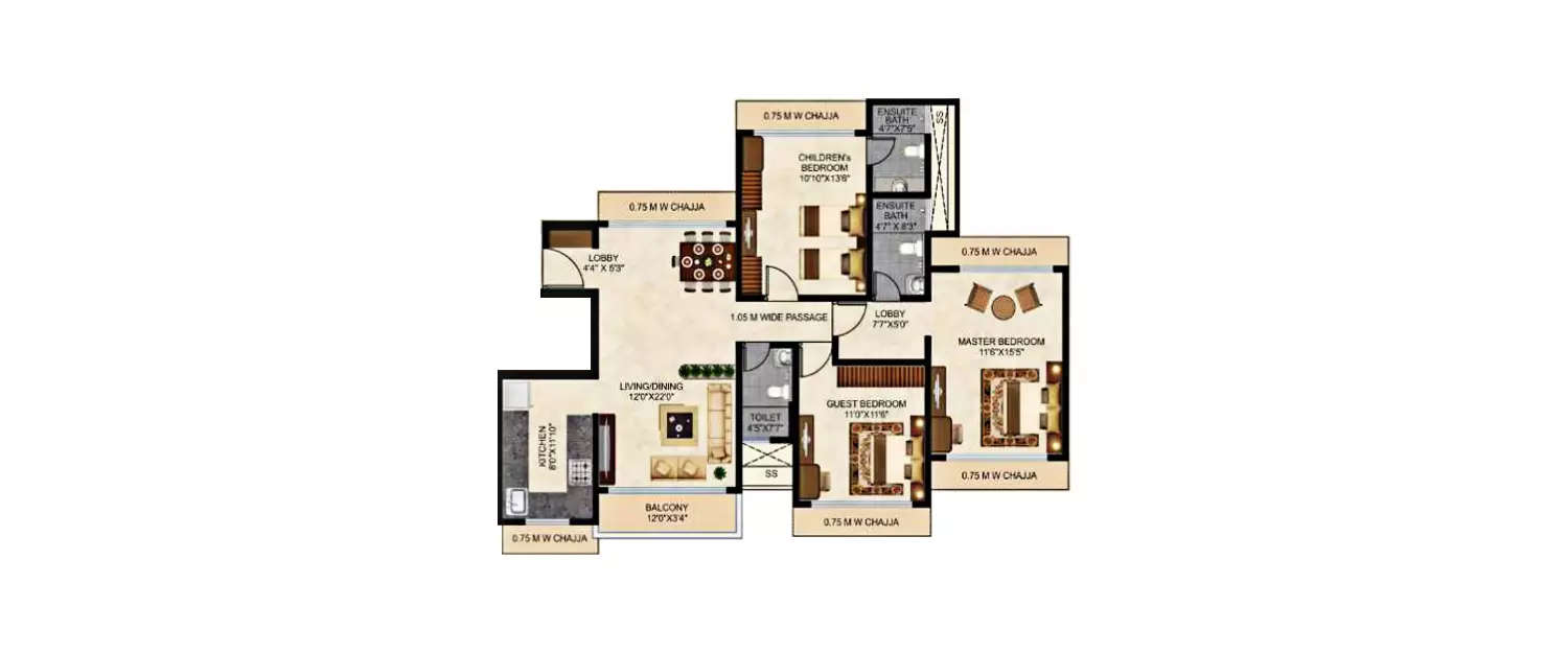 Floor plan for 3 BHK
