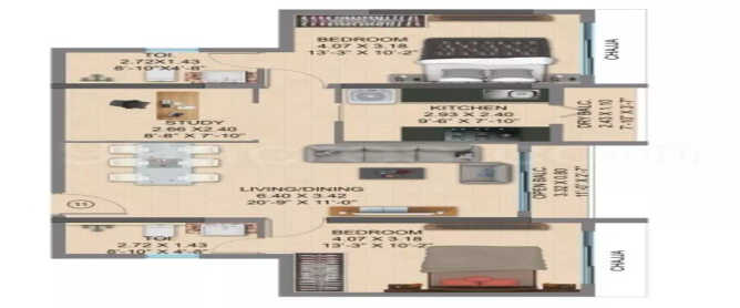 Raheja Ascencio Chandivali - Floor plan 2.5 BHK 901 Sq.ft