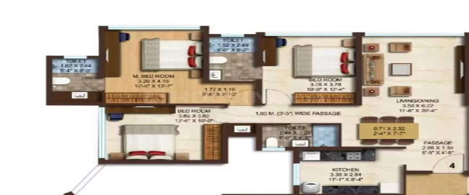 Floor plan for 3 BHK