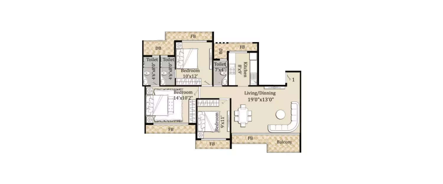 Floor plan for 3 BHK