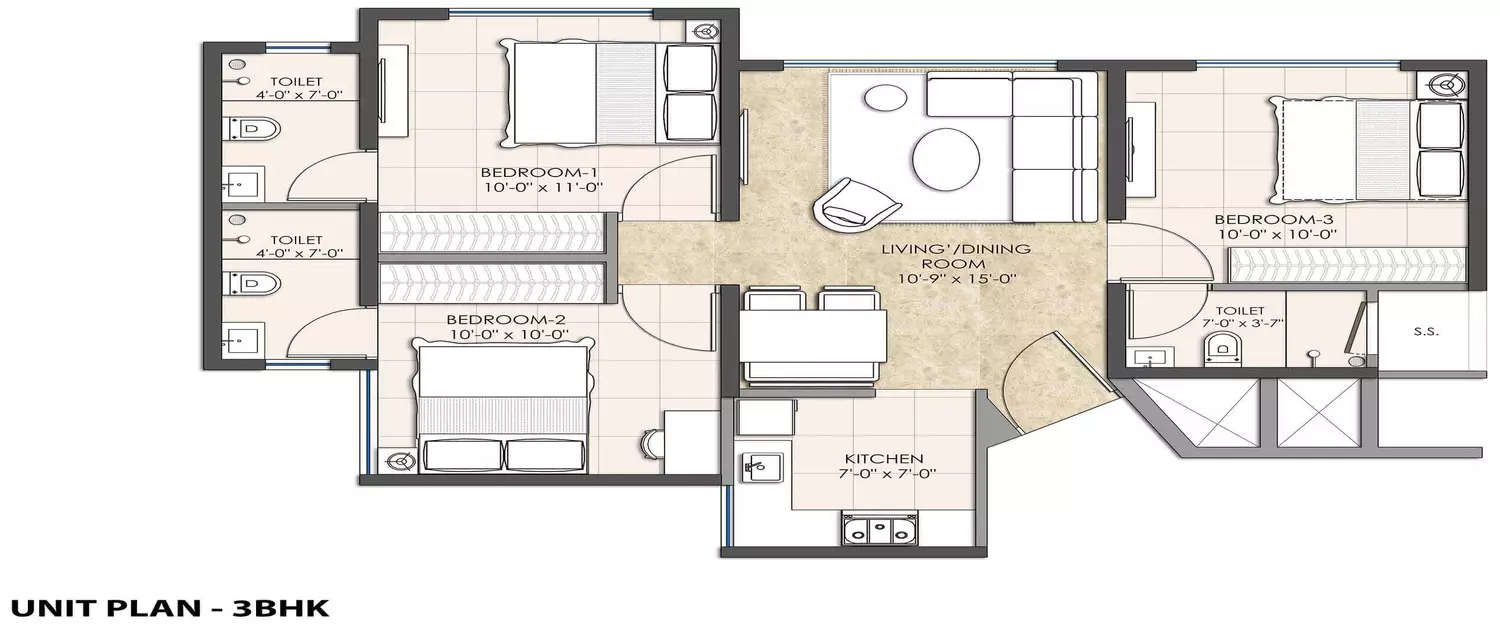 Floor plan for 3 BHK