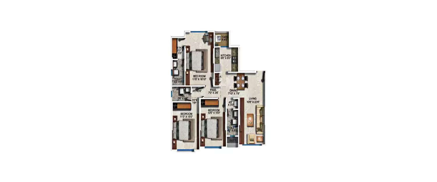 Floor plan for 3 BHK
