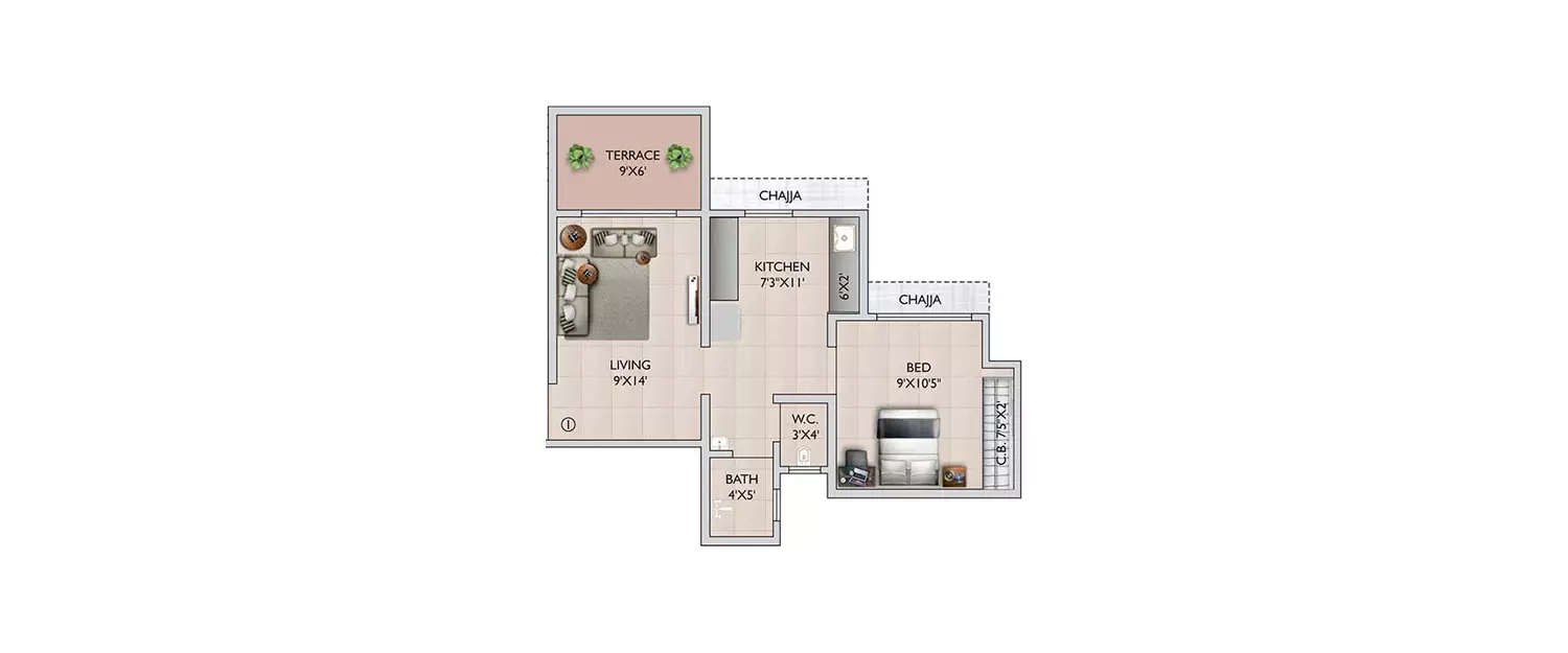 1 BHK Apartment 388 Sq.ft