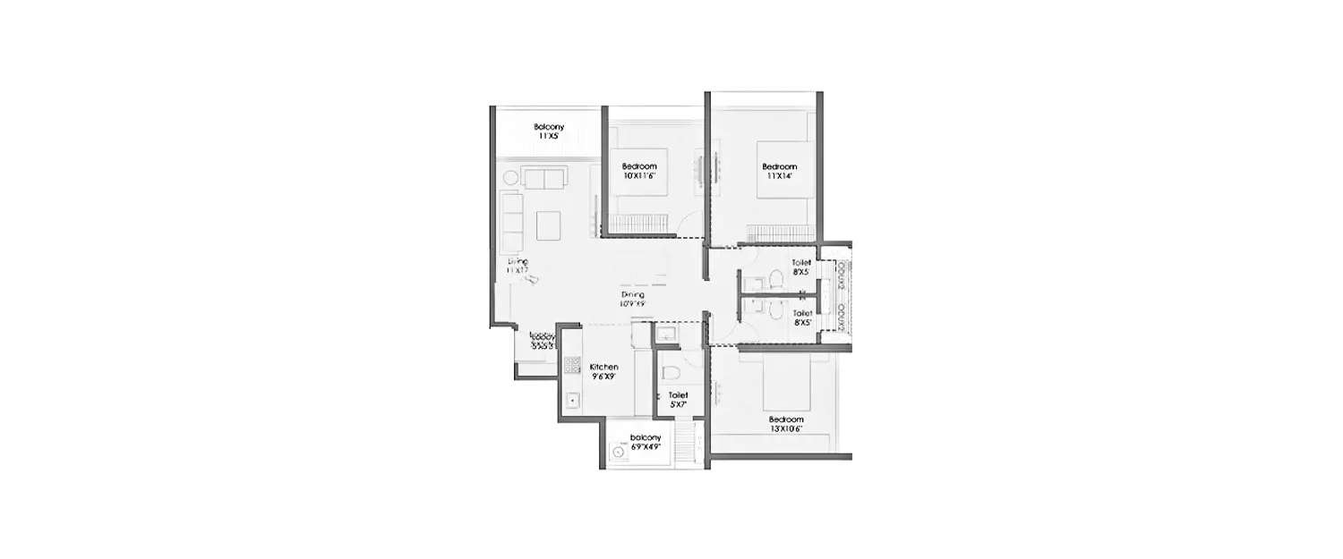 Floor plan for 3 BHK