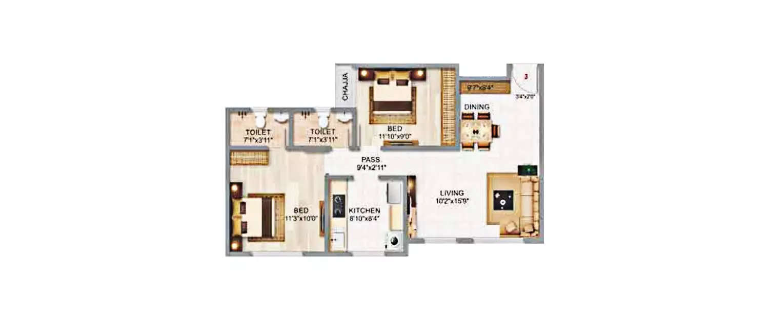 Floor plan for 2 BHK