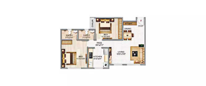 Adityaraj Enclave Ghatkopar - Floor plan 2 BHK 676 Sq.ft