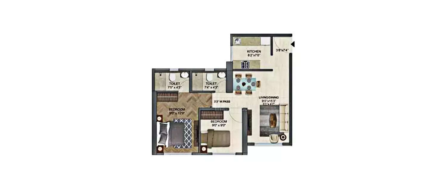 Floor plan for 2 BHK