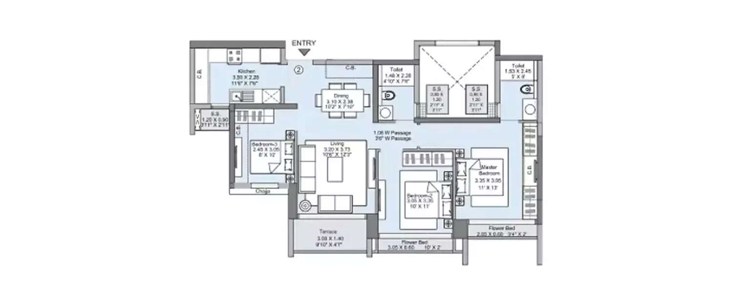 Floor plan for 3 BHK