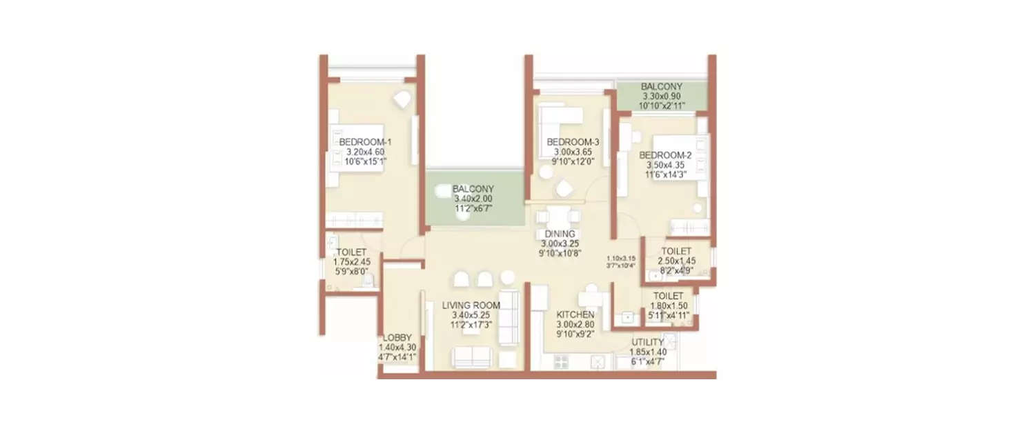 Floor plan for 3 BHK
