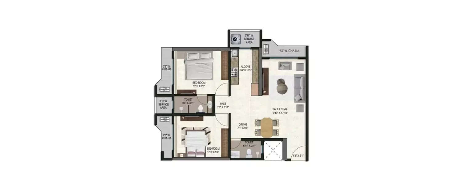 Floor plan for 2 BHK
