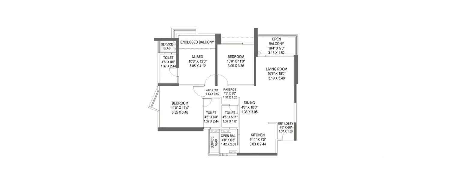 Floor plan for 3 BHK