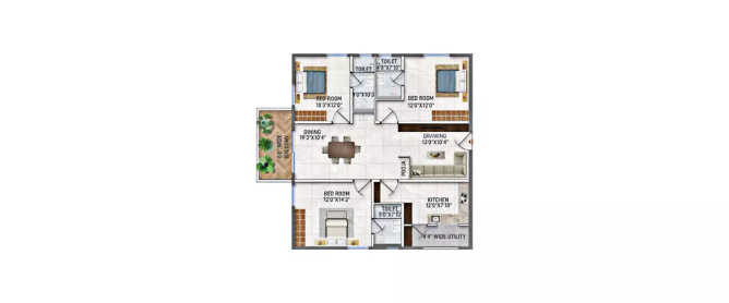 Primark Inspira Miyapur - Floor plan 3 BHK 1095 Sq.ft