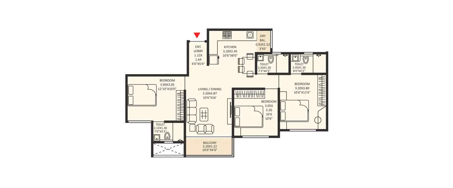 Floor plan for 3 BHK