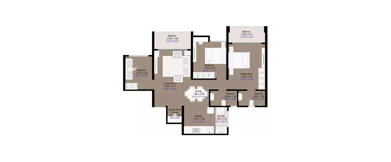 Floor plan for 3 BHK