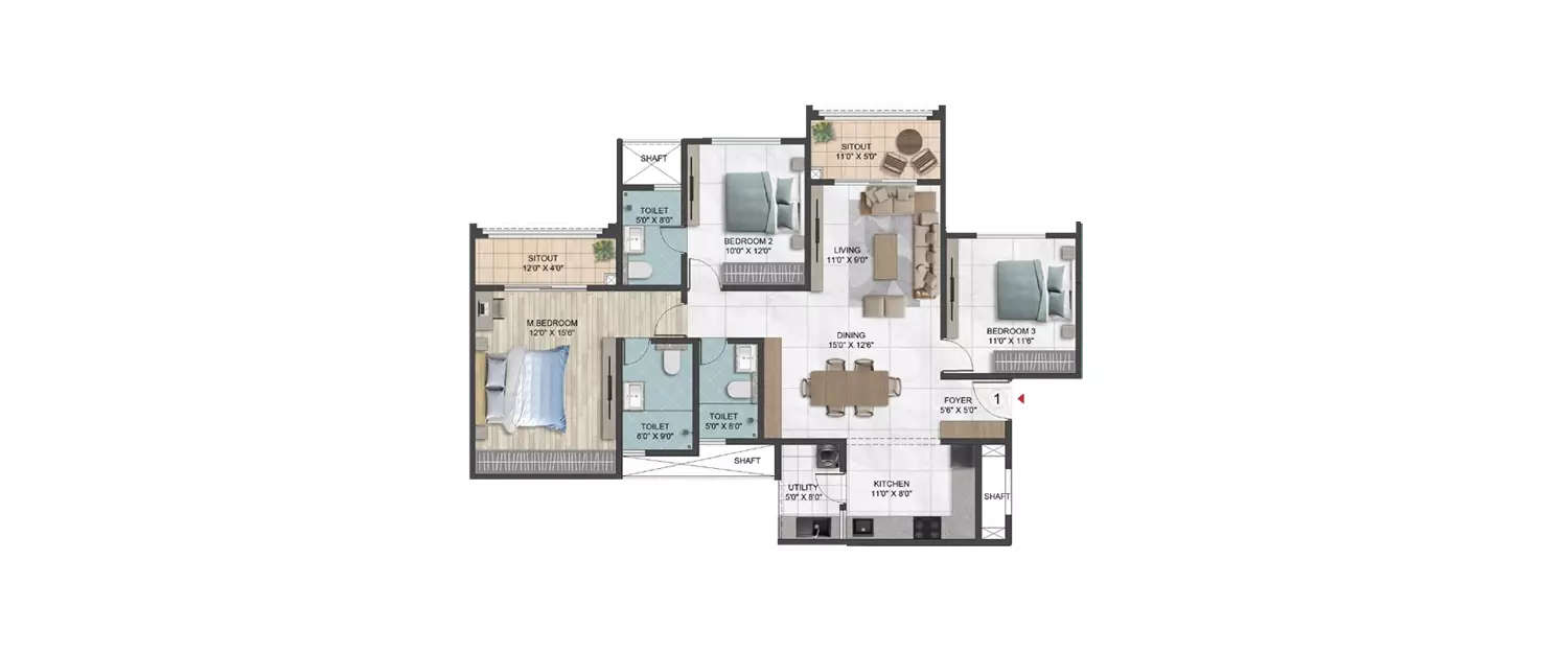 Floor plan for 3 BHK