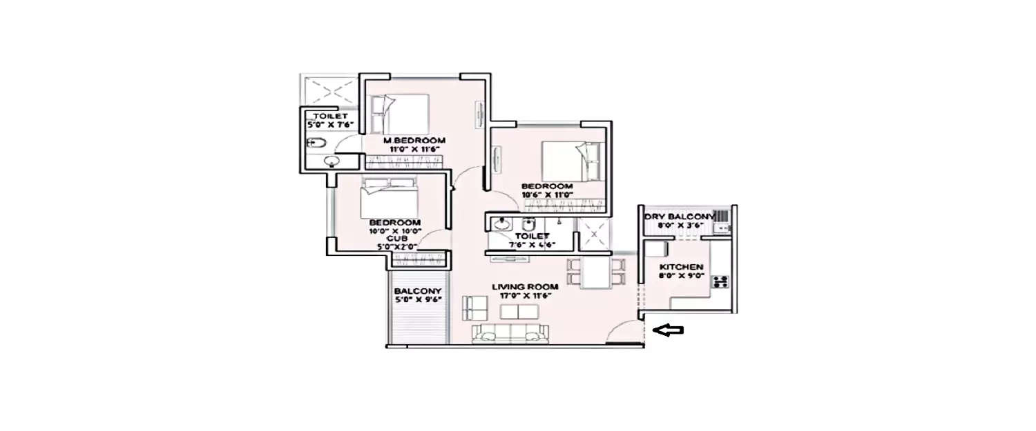 Floor plan for 3 BHK